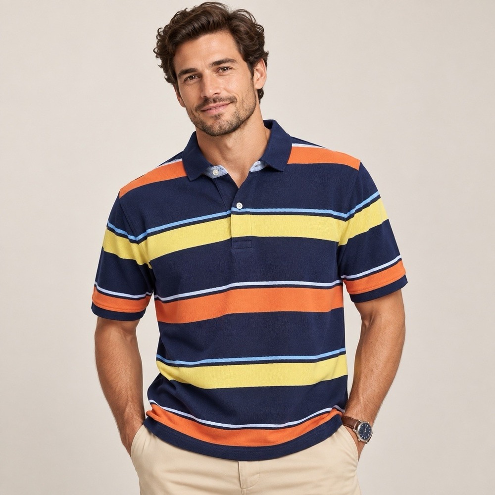 Lands End Mens Large Striped Polo Shirt Blue Orange Yellow Short Sleeve Sz 42 44